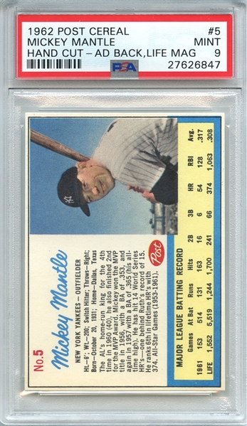 1962 POST CEREAL 5 MICKEY MANTLE HAND CUT-AD BACK,LIFE MAG PSA MINT 9