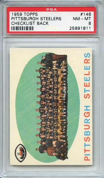 1959 TOPPS 146 PITTSBURGH STEELERS CHECKLIST BACK PSA NM-MT 8