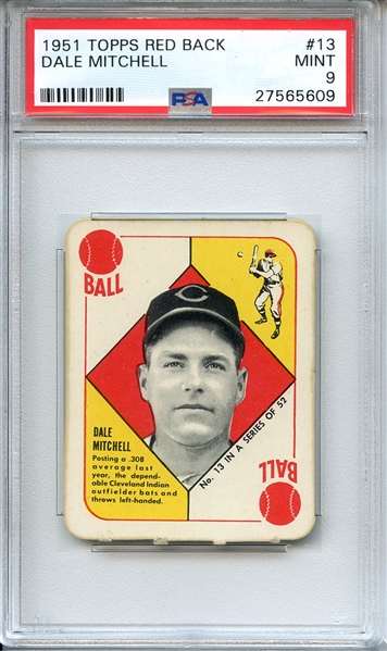 1951 TOPPS RED BACK 13 DALE MITCHELL PSA MINT 9