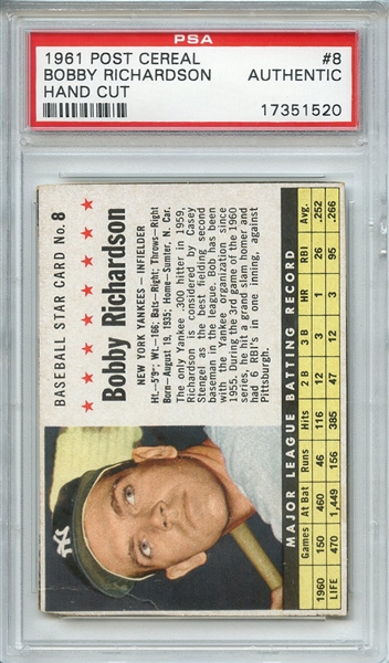 1961 POST CEREAL 8 BOBBY RICHARDSON HAND CUT PSA AUTHENTIC