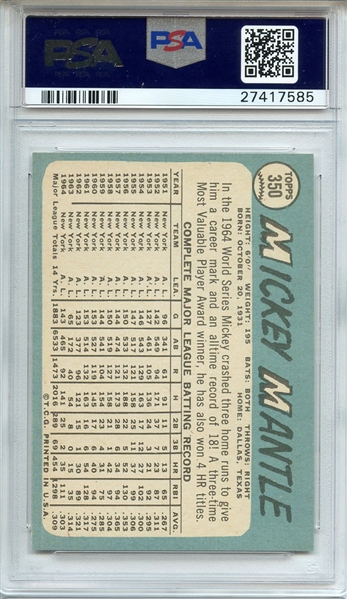 1965 TOPPS 350 MICKEY MANTLE PSA NM-MT 8