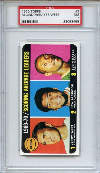 1970 TOPPS 2 NBA AVG. SCORE LDRS WEST/ALCINDOR/HAYES PSA NM 7
