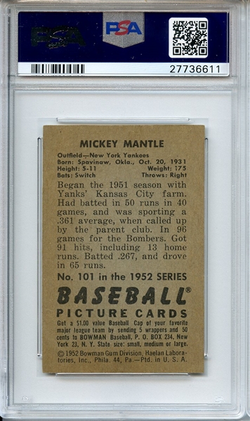 1952 BOWMAN 101 MICKEY MANTLE PSA NM 7