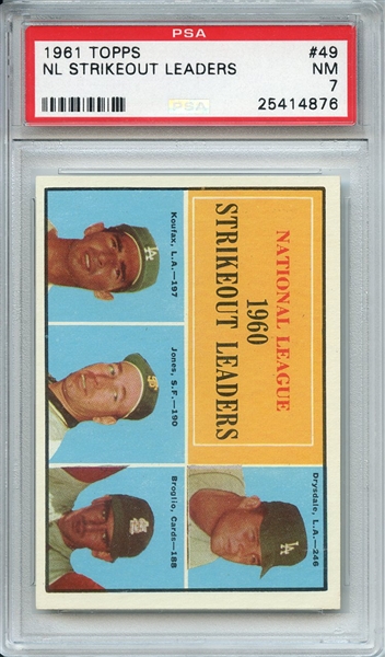 1961 TOPPS 49 NL STRIKEOUT LEADERS PSA NM 7