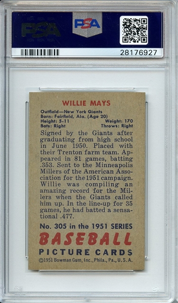 1951 BOWMAN 305 WILLIE MAYS PSA EX-MT 6