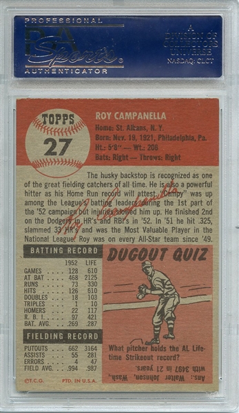 1953 TOPPS 27 ROY CAMPANELLA PSA NM-MT+ 8.5