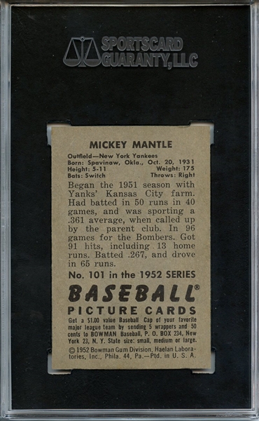 1952 BOWMAN 101 MICKEY MANTLE SGC NM+ 86 / 7.5