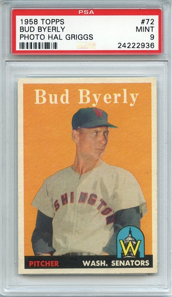 1958 TOPPS 72 BUD BYERLY PHOTO HAL GRIGGS PSA MINT 9