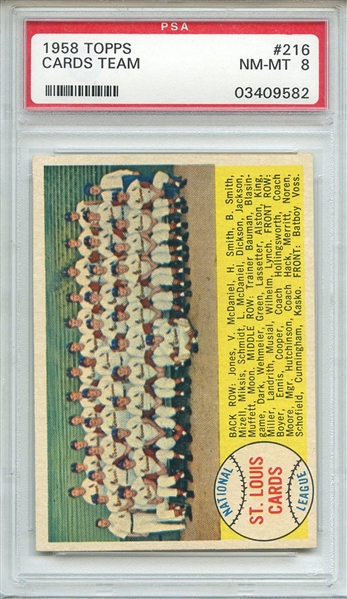 1958 TOPPS 216 CARDS TEAM CHECKLIST PSA NM-MT 8