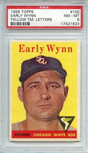 1958 TOPPS 100 EARLY WYNN YELLOW TM. LETTERS PSA NM-MT 8