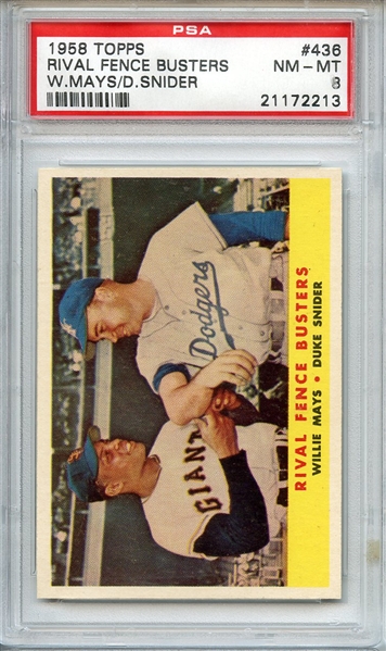 1958 TOPPS 436 RIVAL FENCE BUSTERS W.MAYS/D.SNIDER PSA NM-MT 8