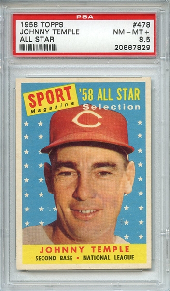 1958 TOPPS 478 JOHNNY TEMPLE ALL STAR PSA NM-MT+ 8.5