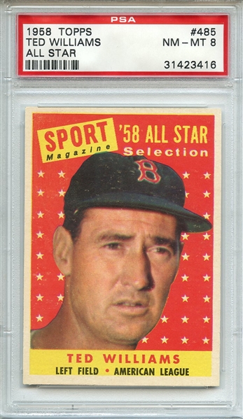 1958 TOPPS 485 TED WILLIAMS ALL STAR PSA NM-MT 8