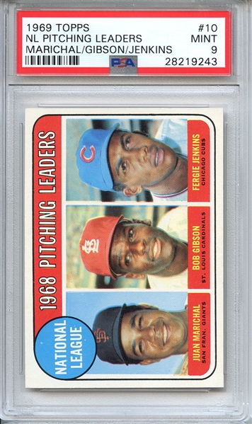 1969 TOPPS 10 NL PITCHING LEADERS MARICHAL/GIBSON/JENKINS PSA MINT 9