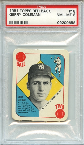 1951 TOPPS RED BACK 18 GERRY COLEMAN PSA NM-MT 8