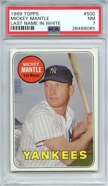 1969 TOPPS 500 MICKEY MANTLE LAST NAME IN WHITE PSA NM 7
