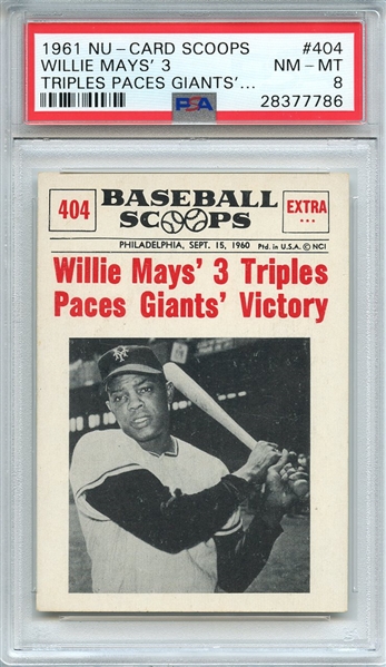 1961 NU-CARD SCOOPS 404 WILLIE MAYS' 3 TRIPLES PACES GIANTS'... PSA NM-MT 8