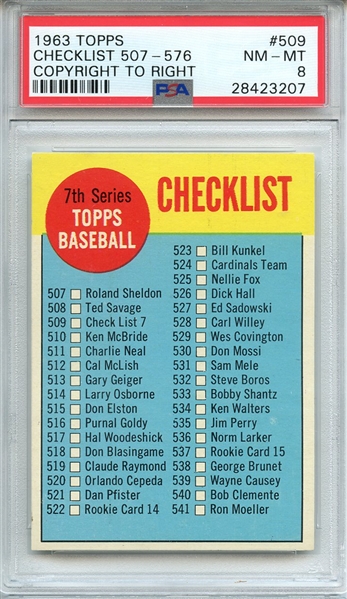 1963 TOPPS 509 CHECKLIST 507-576 COPYRIGHT TO RIGHT PSA NM-MT 8