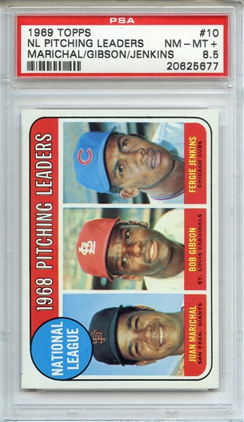 1969 TOPPS 10 NL PITCHING LEADERS MARICHAL/GIBSON/JENKINS PSA NM-MT+ 8.5