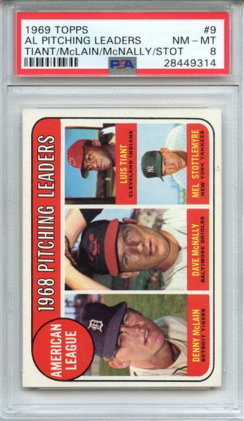 1969 TOPPS 9 AL PITCHING LEADERS TIANT/McLAIN/McNALLY/STOT PSA NM-MT 8