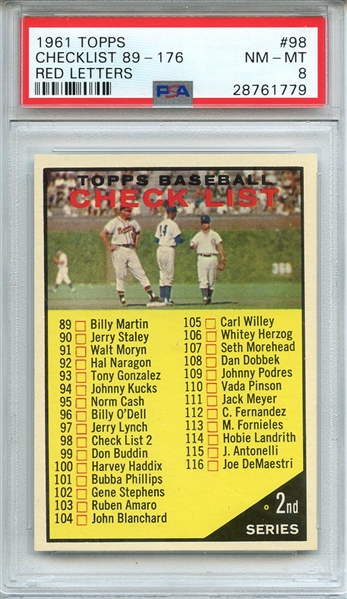 1961 TOPPS 98 CHECKLIST 89-176 RED LETTERS PSA NM-MT 8