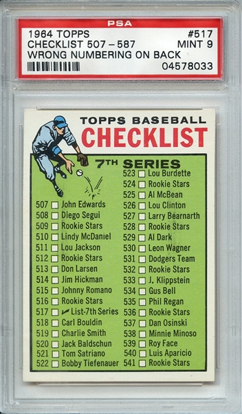 1964 TOPPS 517 CHECKLIST 507-587 WRONG NUMBERING ON BACK PSA MINT 9