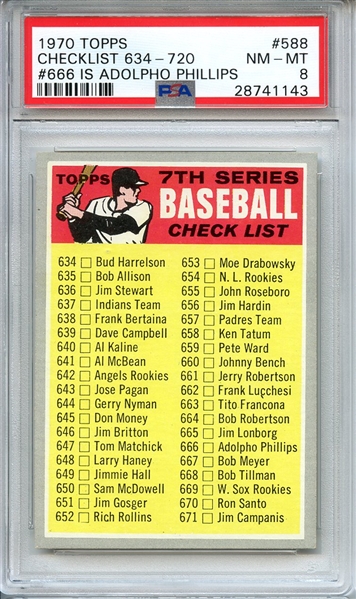 1970 TOPPS 588 CHECKLIST 634-720 #666 IS ADOLPHO PHILLIPS PSA NM-MT 8