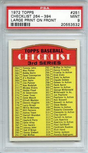 1972 TOPPS 251 CHECKLIST 264-394 LARGE PRINT ON FRONT PSA MINT 9