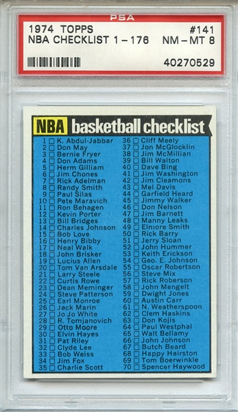 1974 TOPPS 141 NBA CHECKLIST 1-176 PSA NM-MT 8