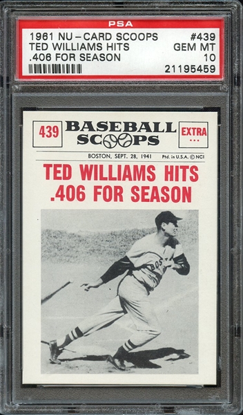 1961 NU-CARD SCOOPS 439 TED WILLIAMS HITS .406 FOR SEASON PSA GEM MT 10
