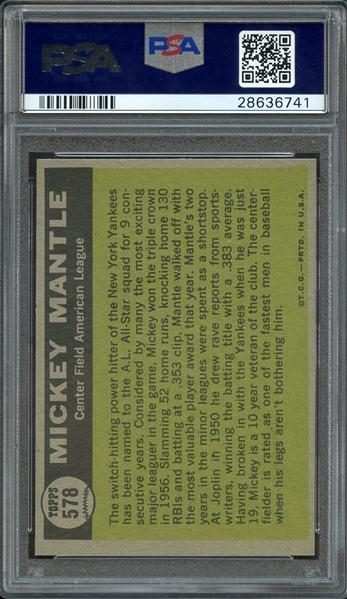 1961 TOPPS 578 MICKEY MANTLE ALL STAR PSA MINT 9