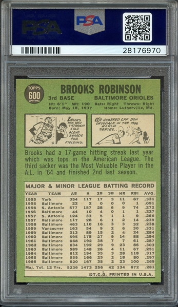 1967 TOPPS 600 BROOKS ROBINSON PSA GEM MT 10