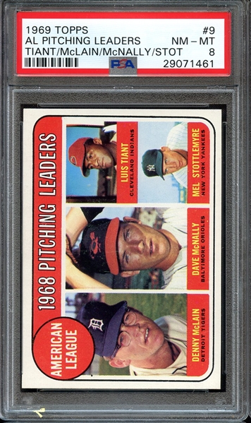 1969 TOPPS 9 AL PITCHING LEADERS TIANT/McLAIN/McNALLY/STOT PSA NM-MT 8