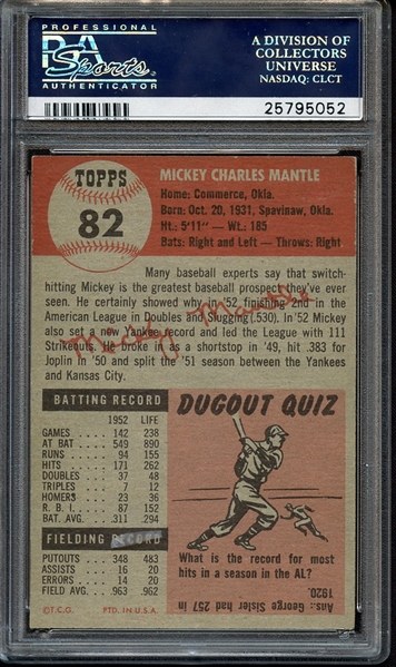 1953 TOPPS 82 MICKEY MANTLE PSA EX-MT 6