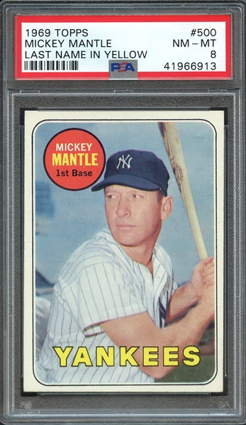1969 TOPPS 500 MICKEY MANTLE LAST NAME IN YELLOW PSA NM-MT 8