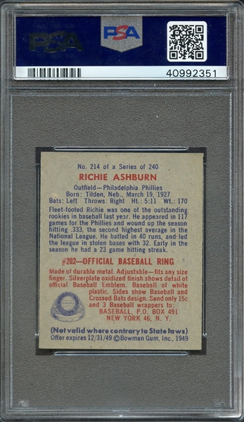 1949 BOWMAN 214 RICHIE ASHBURN RC PSA NM 7