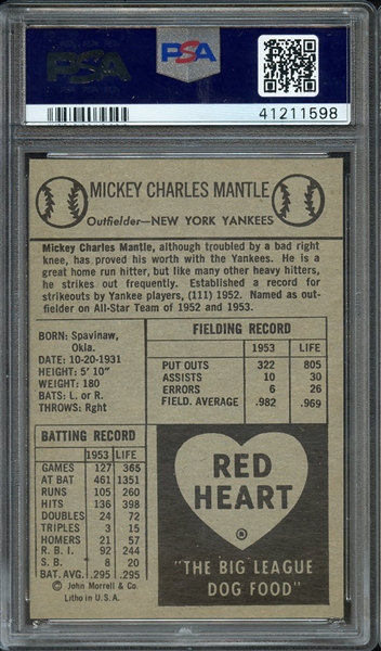 1954 RED HEART MICKEY MANTLE PSA NM 7