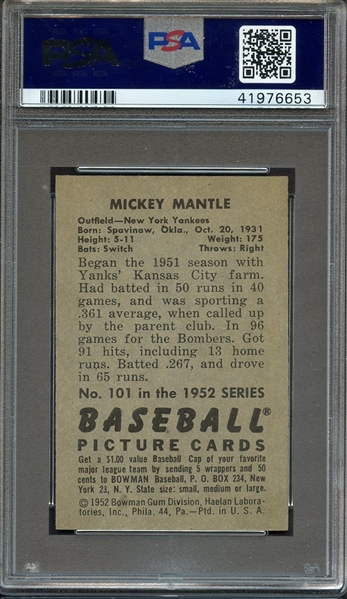 1952 BOWMAN 101 MICKEY MANTLE PSA NM+ 7.5