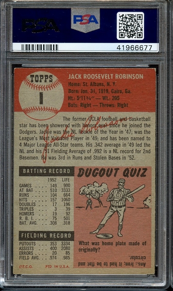 1953 TOPPS 1 JACKIE ROBINSON PSA EX-MT 6