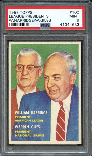 1957 TOPPS 100 LEAGUE PRESIDENTS W.HARRIDGE/W.GILES PSA MINT 9