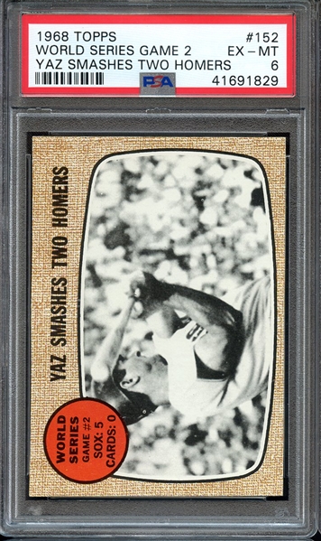 1968 TOPPS 152 WORLD SERIES GAME 2 YAZ SMASHES TWO HOMERS PSA EX-MT 6