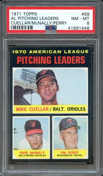 1971 TOPPS 69 AL PITCHING LEADERS CUELLAR/McNALLY/PERRY PSA NM-MT 8