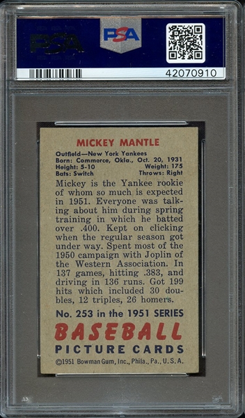 1951 BOWMAN 253 MICKEY MANTLE RC PSA EX+ 5.5