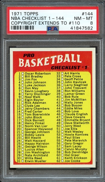 1971 TOPPS 144 NBA CHECKLIST 1-144 COPYRIGHT EXTENDS TO #110 PSA NM-MT 8