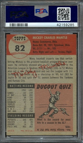 1953 TOPPS 82 MICKEY MANTLE PSA NM 7