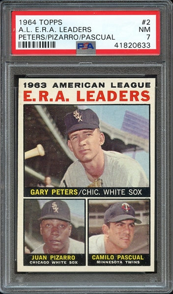 1964 TOPPS 2 A.L. E.R.A. LEADERS PETERS/PIZARRO/PASCUAL PSA NM 7
