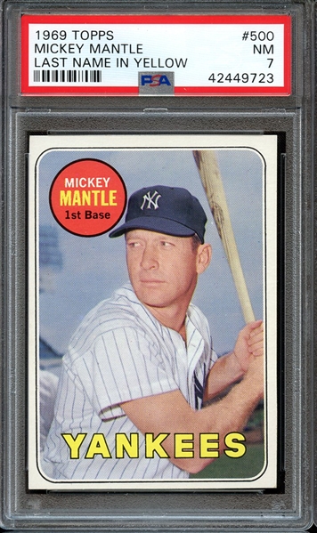 1969 TOPPS 500 MICKEY MANTLE LAST NAME IN YELLOW PSA NM 7