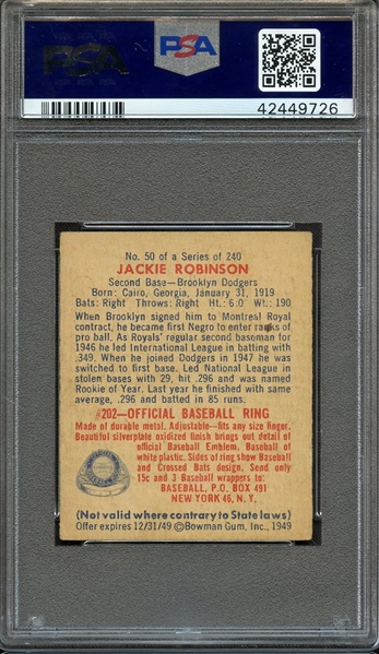 1949 BOWMAN 50 JACKIE ROBINSON RC PSA EX 5