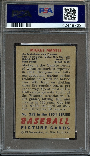 1951 BOWMAN 253 MICKEY MANTLE RC PSA AUTHENTIC ALTERED