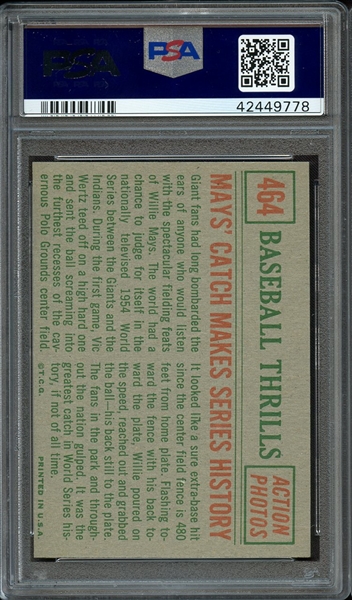 1959 TOPPS 464 MAYS' CATCH MAKES SERIES HISTORY PSA MINT 9